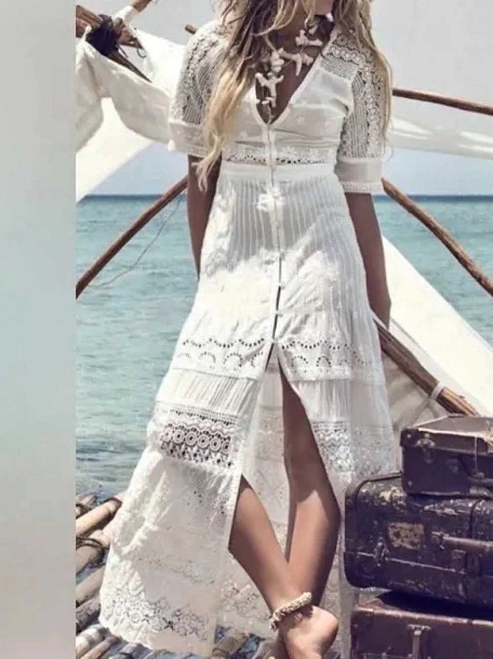 Spell & The Gypsy Saharan Embroidered Eyelet Maxi Dress in White Size Large - Picture 5 of 11
